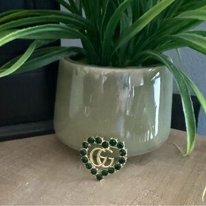 Gold Tone GG Green Rhinestone Heart Brooch Pin